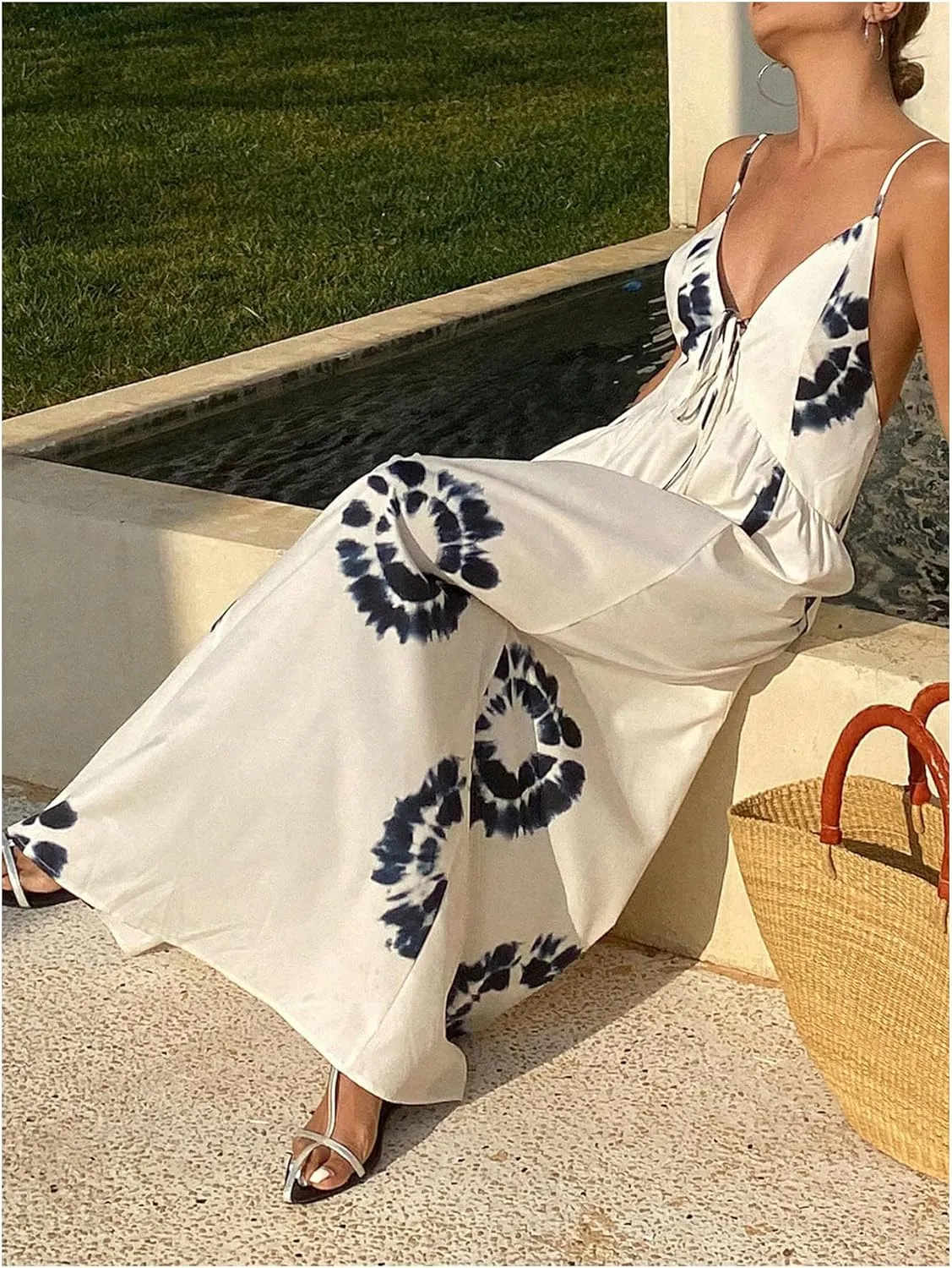 SOLY HUX Women's Boho Floral Print Backless Maxi Dress Tie Front Deep V Neck Sleeveless A Line Flowy Dresses