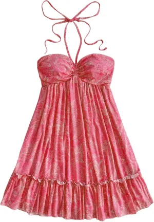 SOLY HUX Women's Paisley Print Mini Halter Dress Sleeveless Ruffle Hem Flowy Boho Vacation Dresses