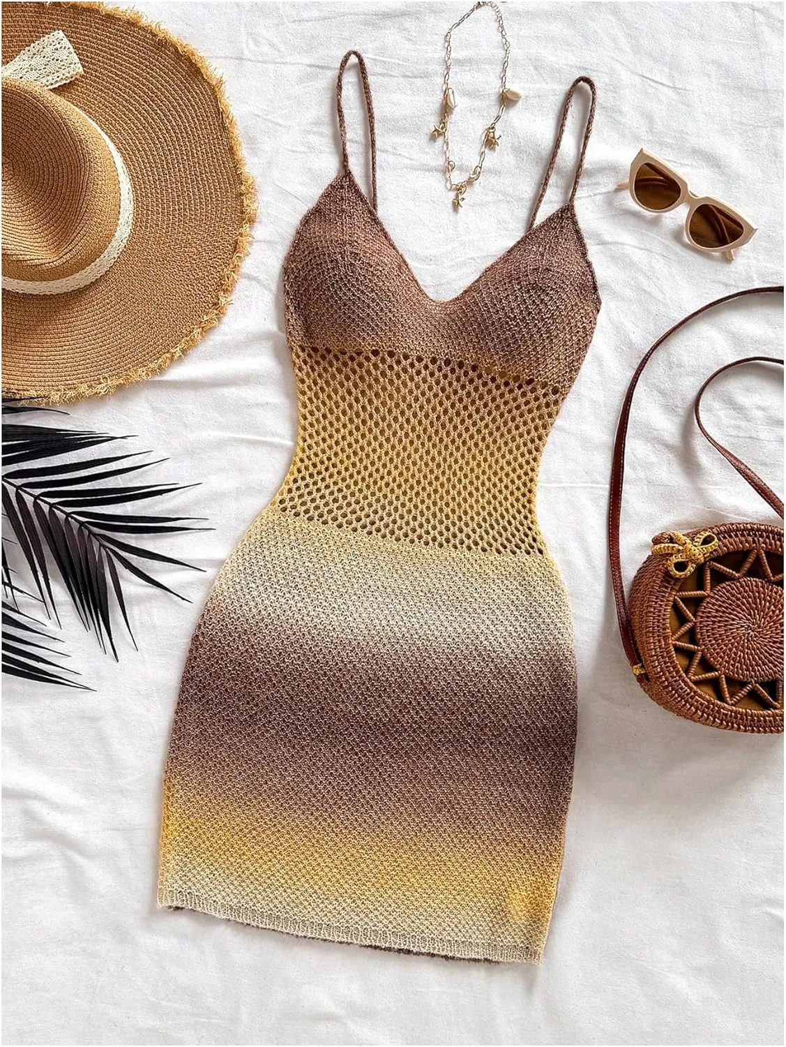 SOLY HUX Women's Summer Ombre Crochet Knit Bodycon Mini Dress Beach Vacation Clothes