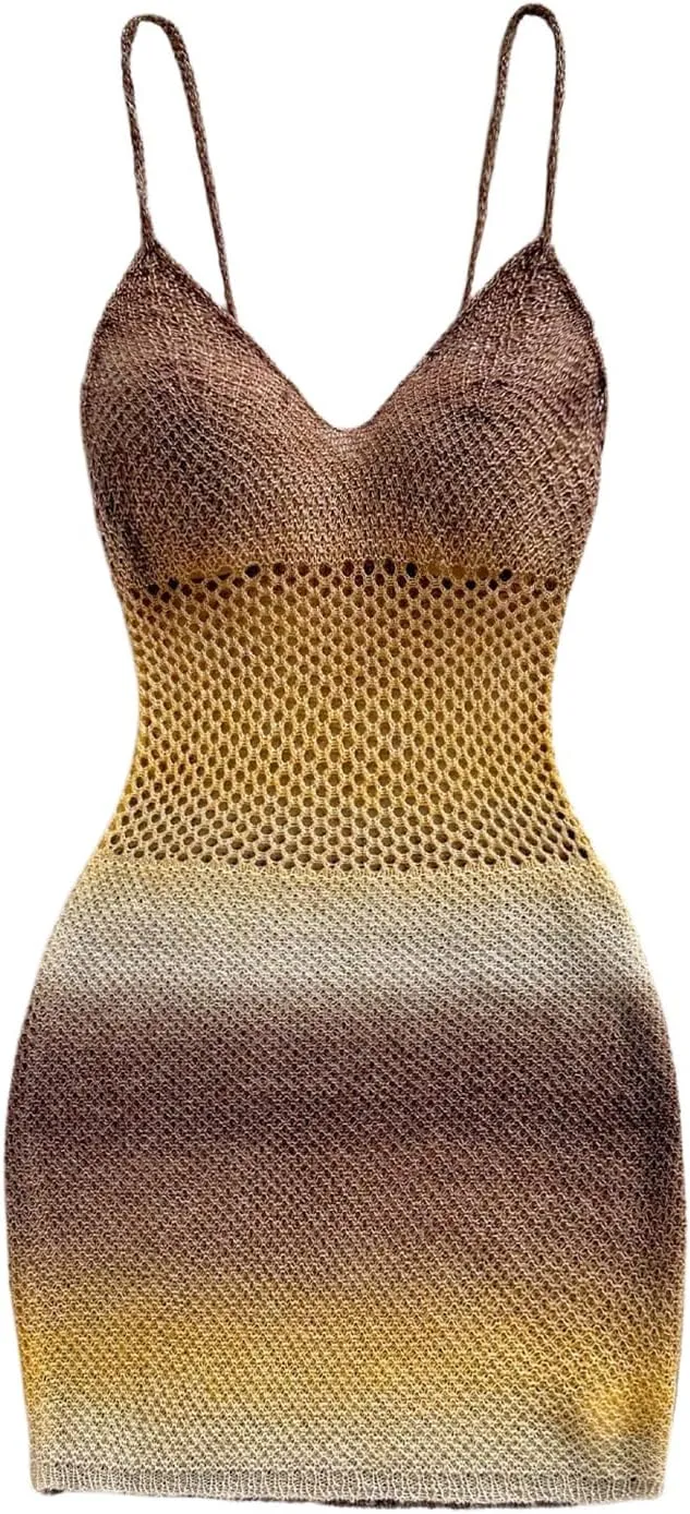 SOLY HUX Women's Summer Ombre Crochet Knit Bodycon Mini Dress Beach Vacation Clothes