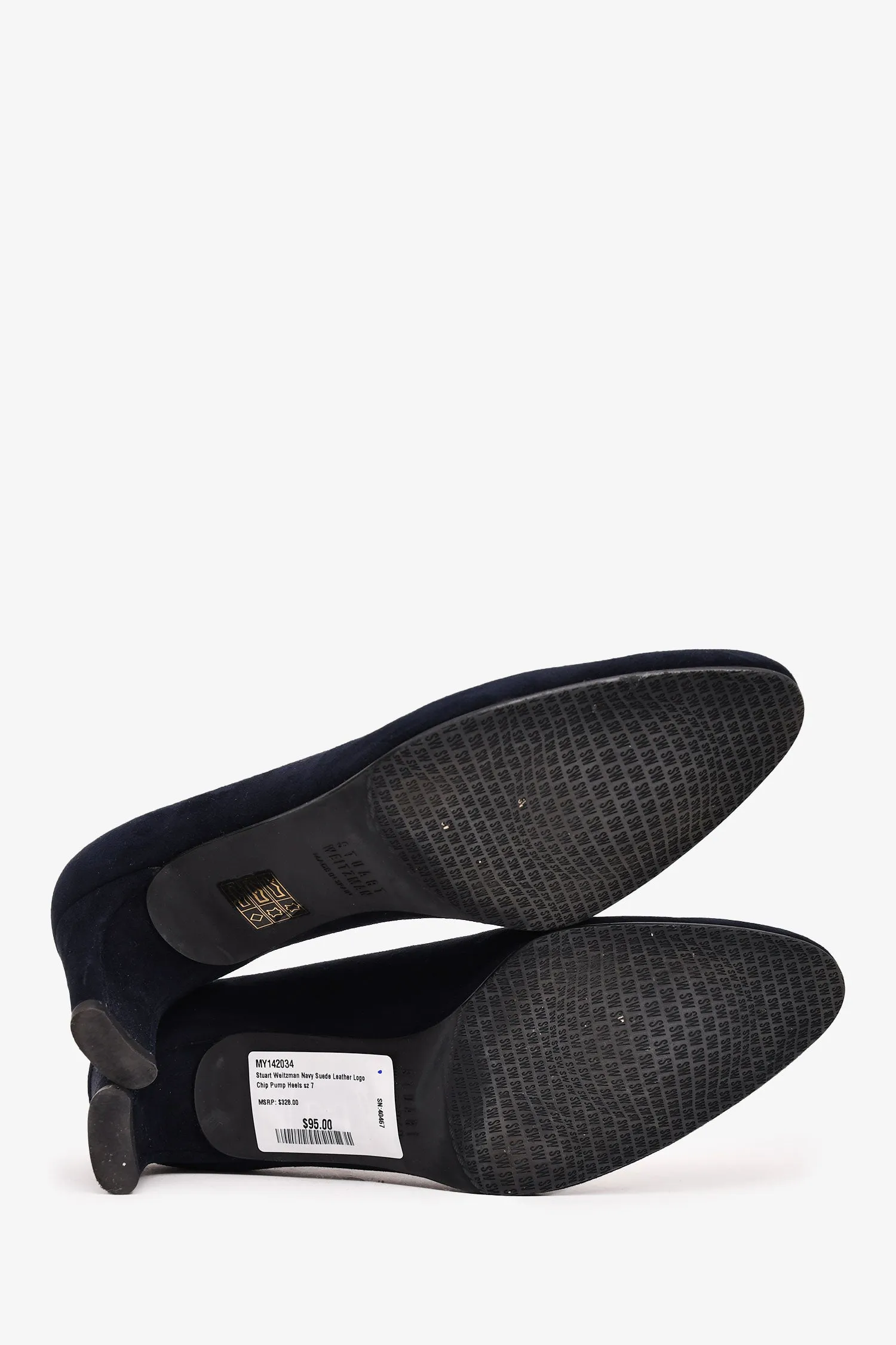 Stuart Weitzman Navy Suede Leather Logo Chip Pump Heels Size 7