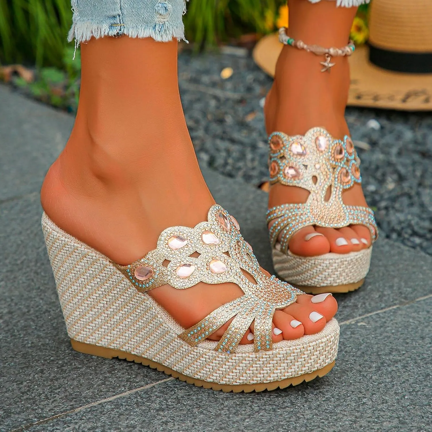 SuanlaTDS Wedge Sandals for Women Platform Slides Espadrille Rhinestones Open Toe Slip On Casual Summer Beach Mules High Heels Cutout Dressy Comfortable Elegant Party Wedges Sandal