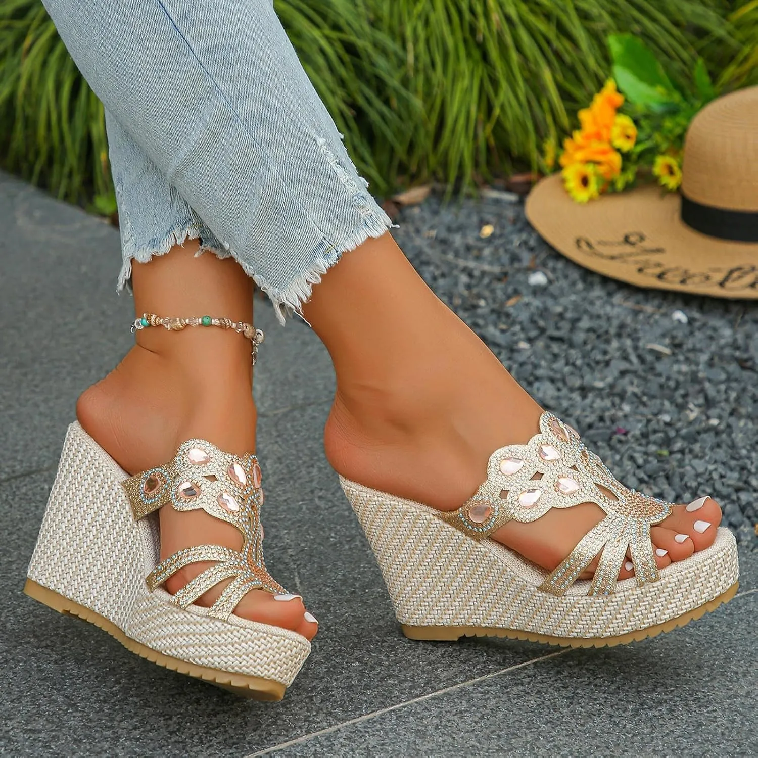 SuanlaTDS Wedge Sandals for Women Platform Slides Espadrille Rhinestones Open Toe Slip On Casual Summer Beach Mules High Heels Cutout Dressy Comfortable Elegant Party Wedges Sandal