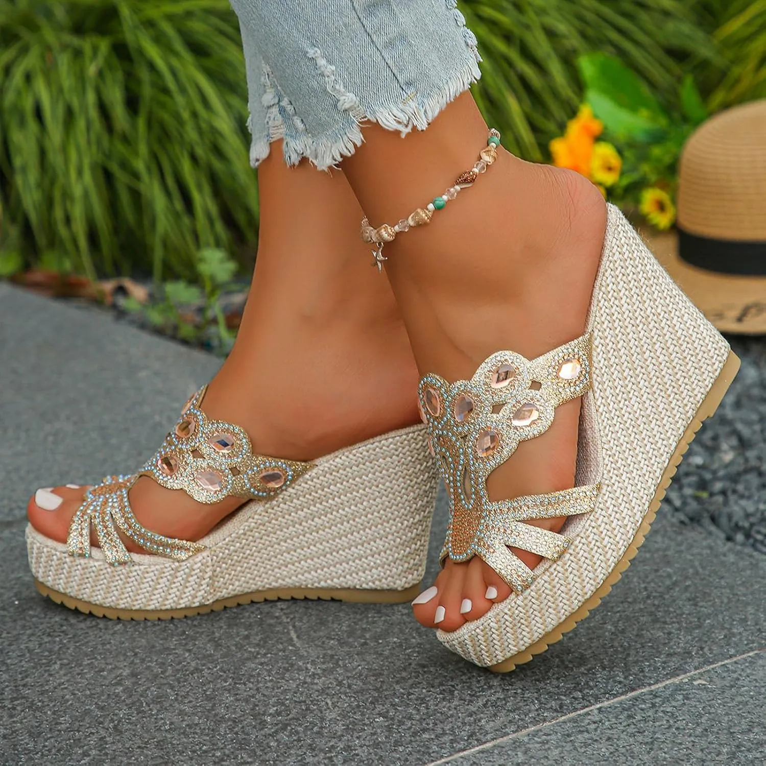 SuanlaTDS Wedge Sandals for Women Platform Slides Espadrille Rhinestones Open Toe Slip On Casual Summer Beach Mules High Heels Cutout Dressy Comfortable Elegant Party Wedges Sandal