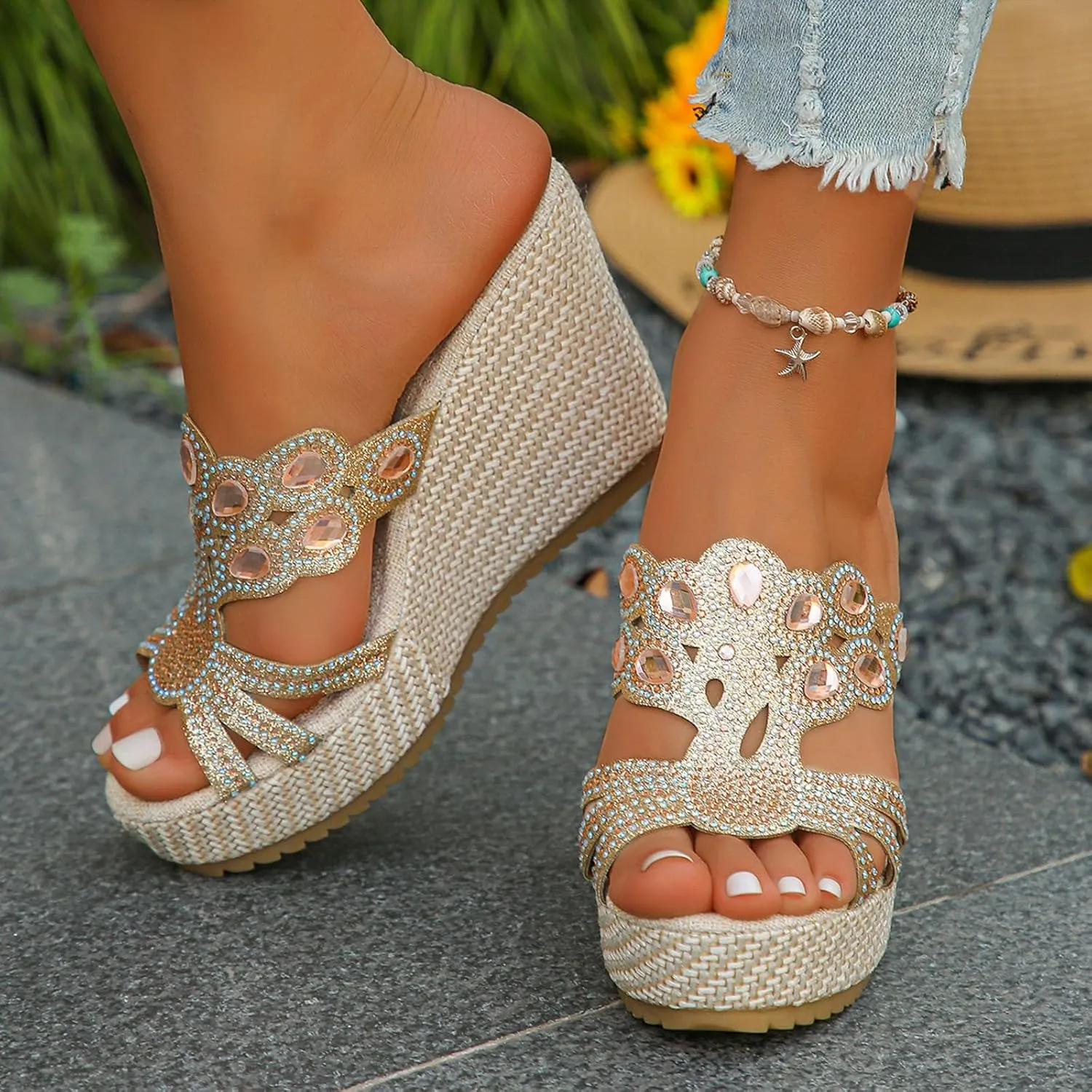 SuanlaTDS Wedge Sandals for Women Platform Slides Espadrille Rhinestones Open Toe Slip On Casual Summer Beach Mules High Heels Cutout Dressy Comfortable Elegant Party Wedges Sandal