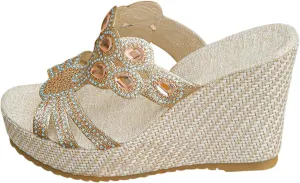 SuanlaTDS Wedge Sandals for Women Platform Slides Espadrille Rhinestones Open Toe Slip On Casual Summer Beach Mules High Heels Cutout Dressy Comfortable Elegant Party Wedges Sandal