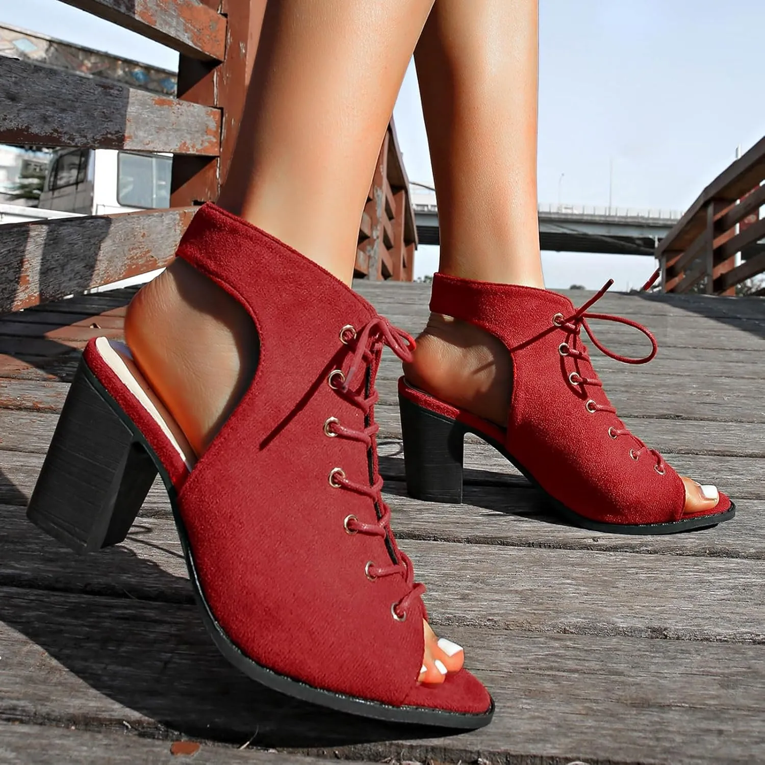 SuanlaTDS Womens High Heels Sandals 2025 Dressy Lace Up Open Toe Slingback Ankle Boots Elegant Summer Chunky Block Heel Comfortable Walking Shoes Sexy Dressy Party Wedding Pumps Heeled Sandal