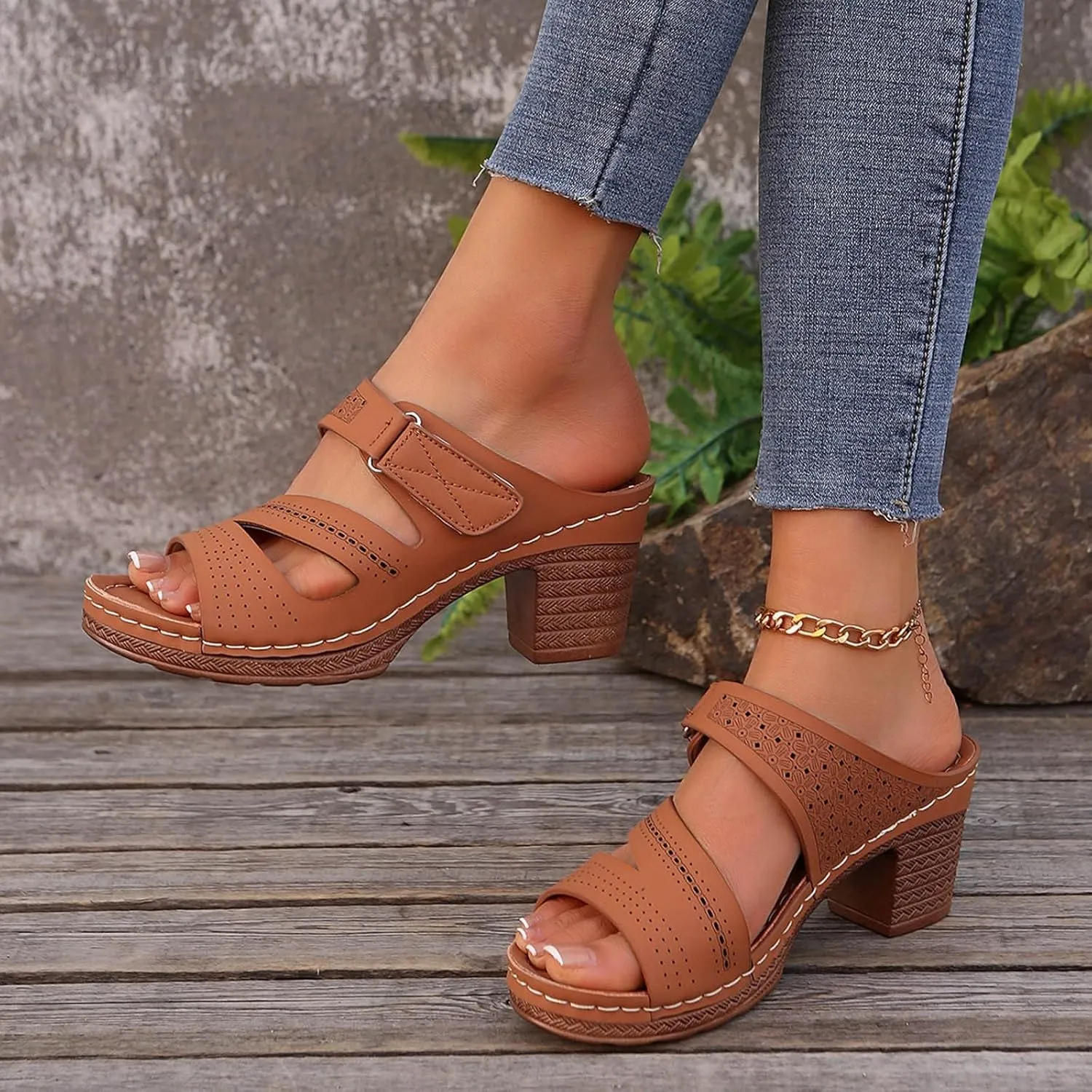 SuanlaTDS Women's Platform Wedge Sandals Comfortable Cutout Open Toe Slip On Slides Sandal with Arch Support Low Chunky Block Heels Outdoor Wedding Party Dance Pumps Wedges Sandals