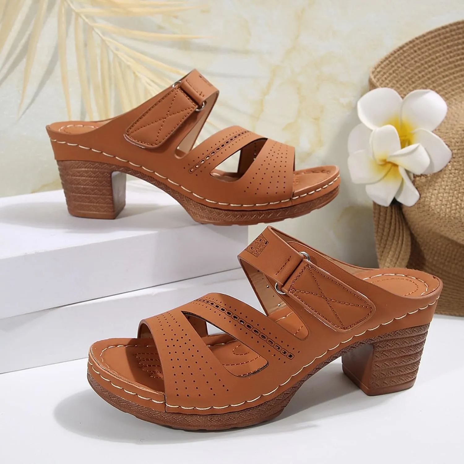 SuanlaTDS Women's Platform Wedge Sandals Comfortable Cutout Open Toe Slip On Slides Sandal with Arch Support Low Chunky Block Heels Outdoor Wedding Party Dance Pumps Wedges Sandals