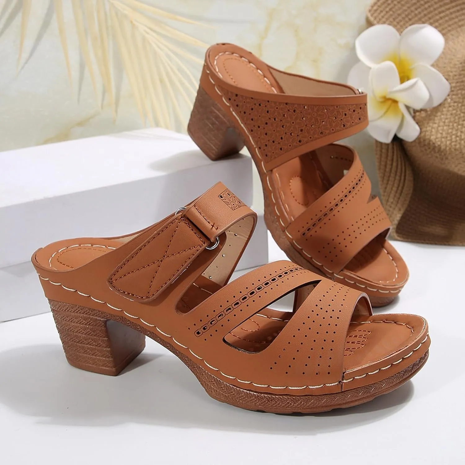 SuanlaTDS Women's Platform Wedge Sandals Comfortable Cutout Open Toe Slip On Slides Sandal with Arch Support Low Chunky Block Heels Outdoor Wedding Party Dance Pumps Wedges Sandals