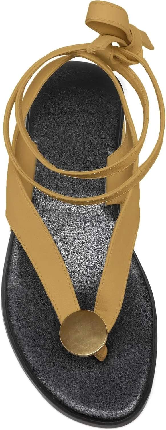 Suede Flat Sandals for Women Cute Ankle Strappy Thong Sandals Ladies Summer Dress Flip Flops with Metal Circular