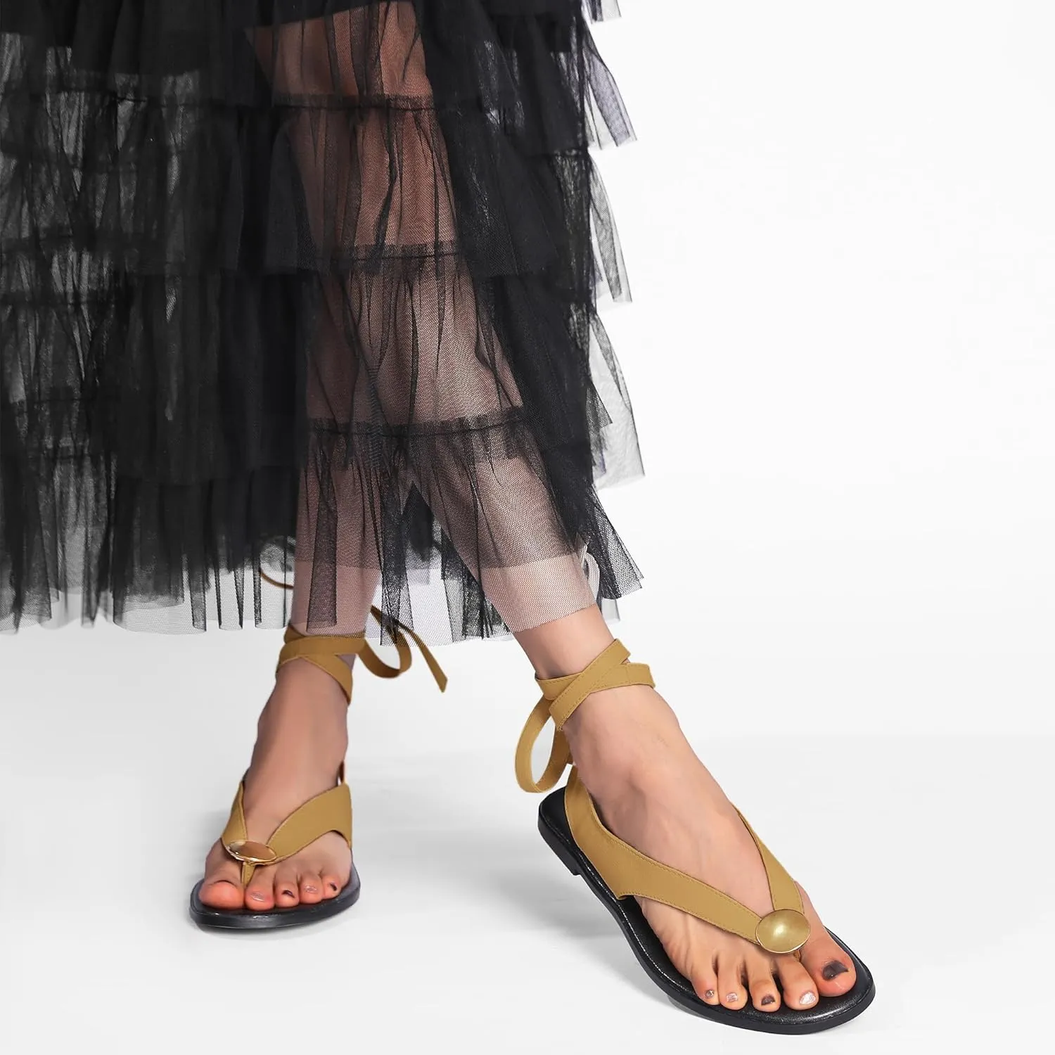 Suede Flat Sandals for Women Cute Ankle Strappy Thong Sandals Ladies Summer Dress Flip Flops with Metal Circular