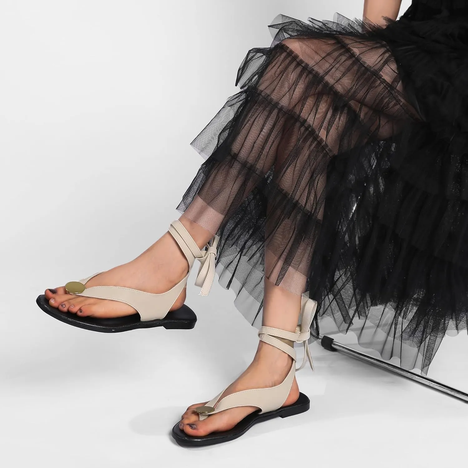Suede Flat Sandals for Women Cute Ankle Strappy Thong Sandals Ladies Summer Dress Flip Flops with Metal Circular