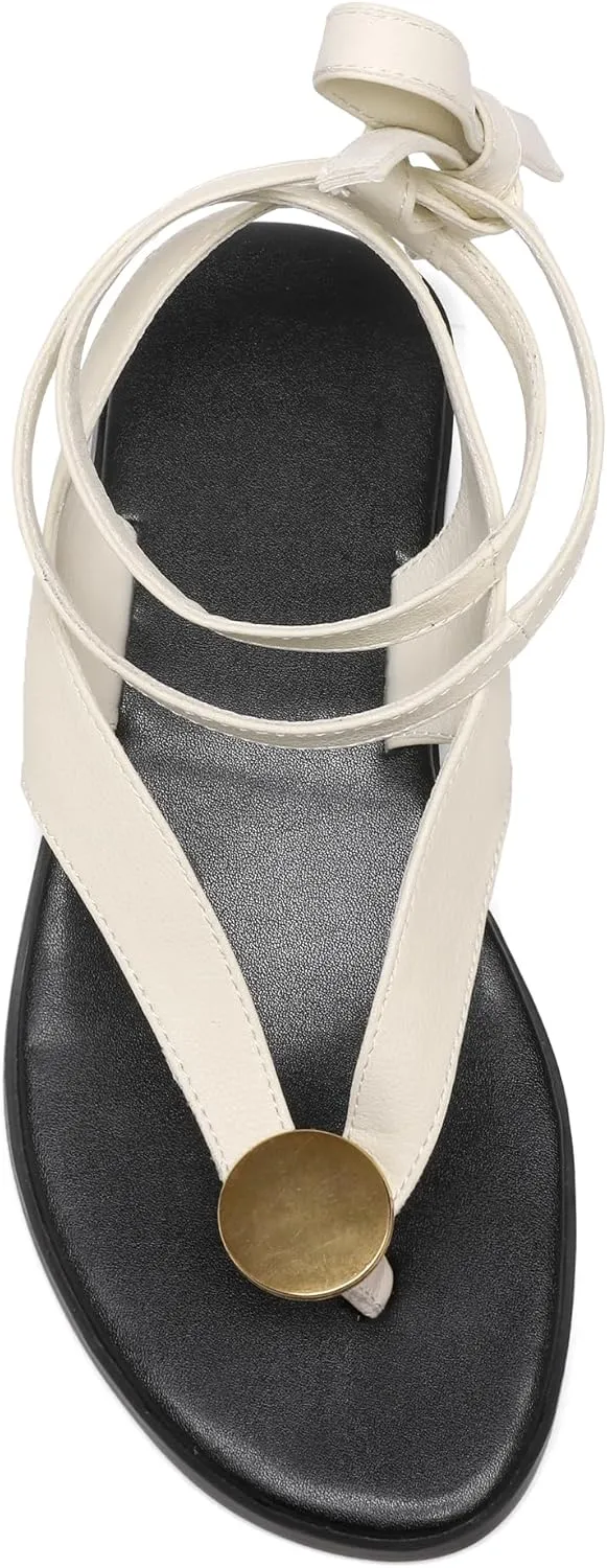 Suede Flat Sandals for Women Cute Ankle Strappy Thong Sandals Ladies Summer Dress Flip Flops with Metal Circular