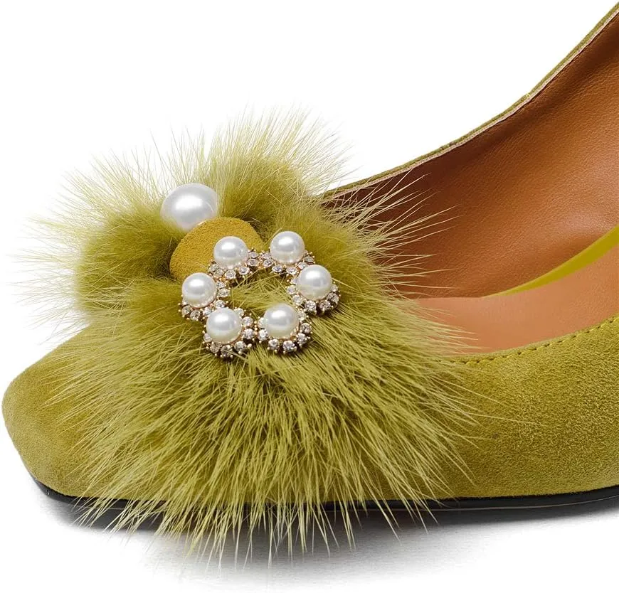 Suede Leather Women's Square Toe Chunky Heels Vintage Floral Handmade Dress Pump Shoes with Fur Pearl