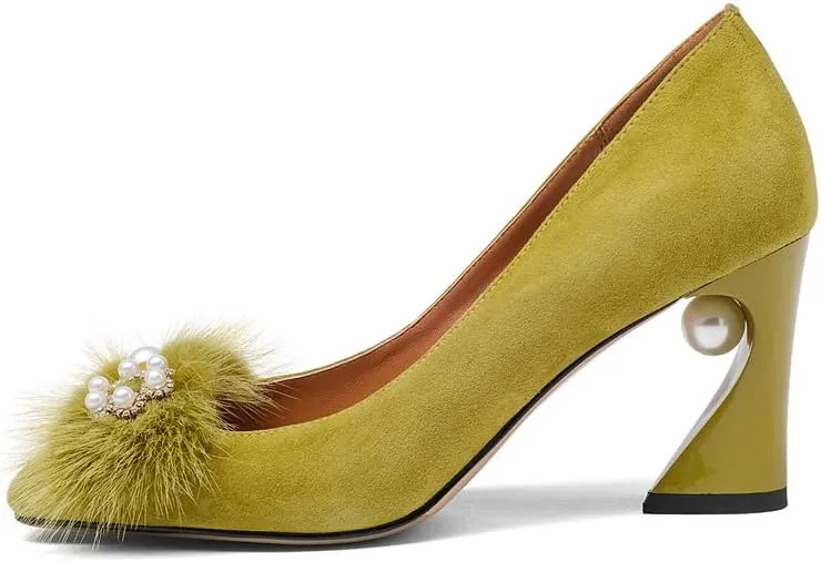 Suede Leather Women's Square Toe Chunky Heels Vintage Floral Handmade Dress Pump Shoes with Fur Pearl