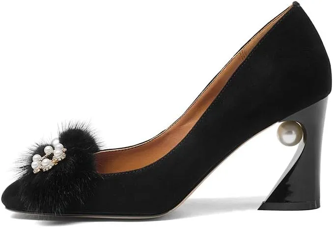 Suede Leather Women's Square Toe Chunky Heels Vintage Floral Handmade Dress Pump Shoes with Fur Pearl