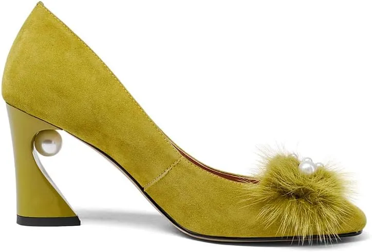 Suede Leather Women's Square Toe Chunky Heels Vintage Floral Handmade Dress Pump Shoes with Fur Pearl