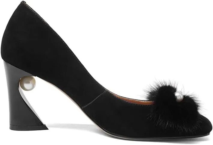 Suede Leather Women's Square Toe Chunky Heels Vintage Floral Handmade Dress Pump Shoes with Fur Pearl