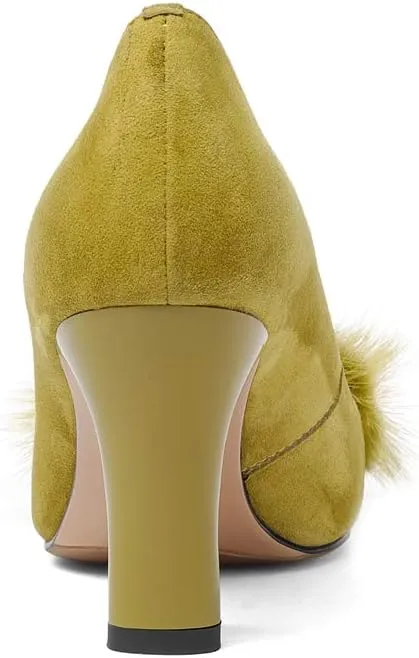 Suede Leather Women's Square Toe Chunky Heels Vintage Floral Handmade Dress Pump Shoes with Fur Pearl