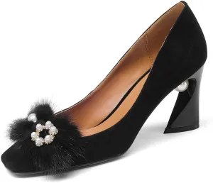 Suede Leather Women's Square Toe Chunky Heels Vintage Floral Handmade Dress Pump Shoes with Fur Pearl