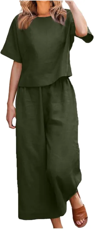 Summer 2 Piece Sets For Women 2024 Casual Loose Tops & Wide Leg Pants Matching Lounge Set Linen Beach Vacation Outfits