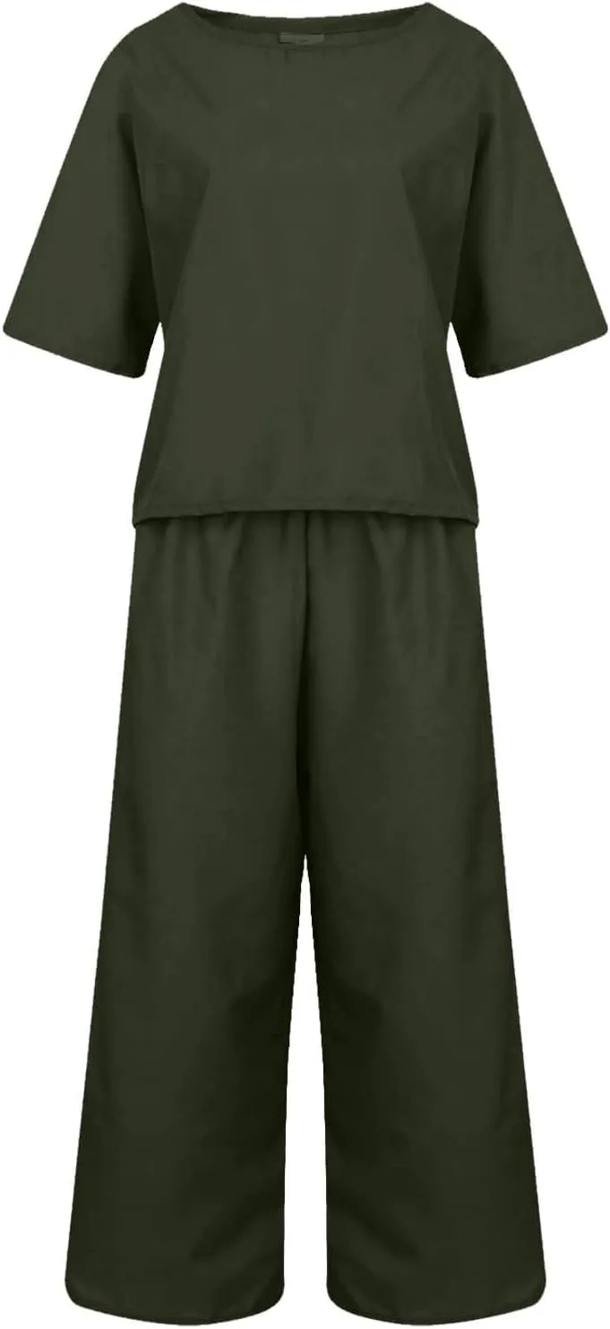 Summer 2 Piece Sets For Women 2024 Casual Loose Tops & Wide Leg Pants Matching Lounge Set Linen Beach Vacation Outfits