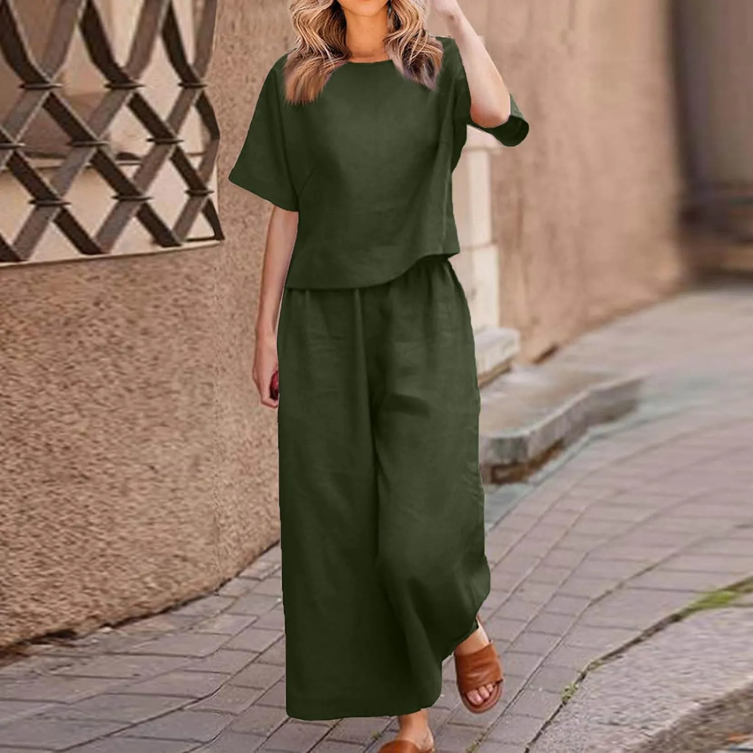 Summer 2 Piece Sets For Women 2024 Casual Loose Tops & Wide Leg Pants Matching Lounge Set Linen Beach Vacation Outfits