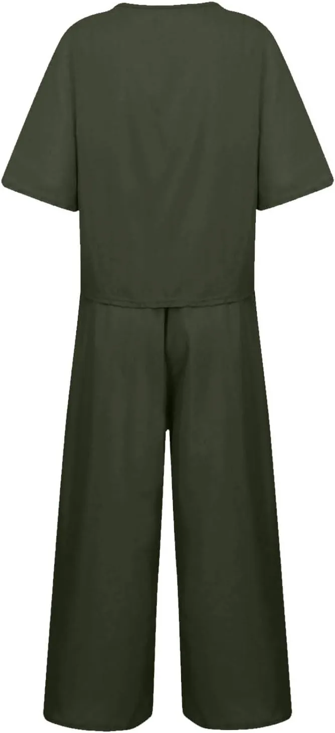Summer 2 Piece Sets For Women 2024 Casual Loose Tops & Wide Leg Pants Matching Lounge Set Linen Beach Vacation Outfits