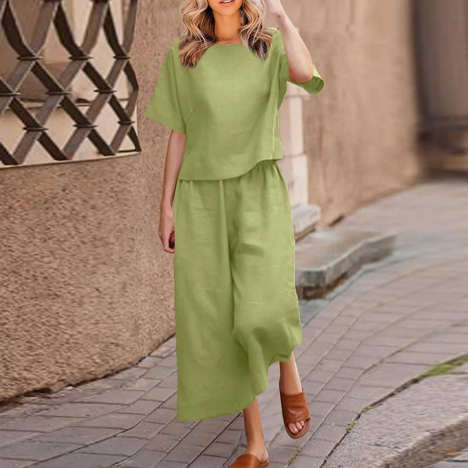 Summer Linen Two Piece Sets For Women Plus Size Beach Vacation Outfits 2024 Casual Tops Wide Leg Pants Lounge Set