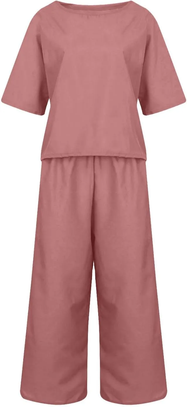Summer Linen Two Piece Sets For Women Plus Size Beach Vacation Outfits 2024 Casual Tops Wide Leg Pants Lounge Set