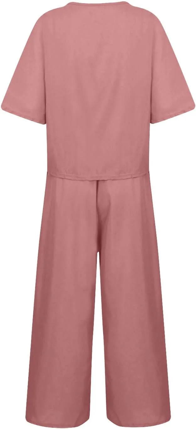 Summer Linen Two Piece Sets For Women Plus Size Beach Vacation Outfits 2024 Casual Tops Wide Leg Pants Lounge Set