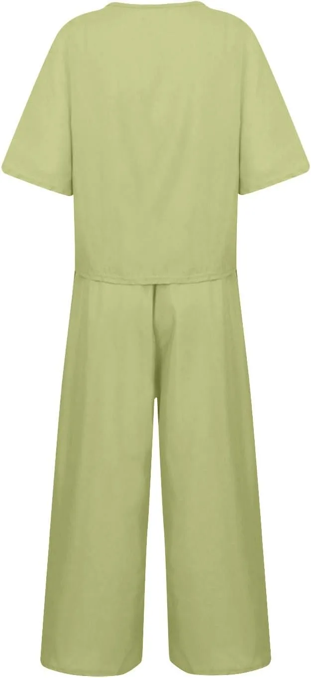 Summer Linen Two Piece Sets For Women Plus Size Beach Vacation Outfits 2024 Casual Tops Wide Leg Pants Lounge Set