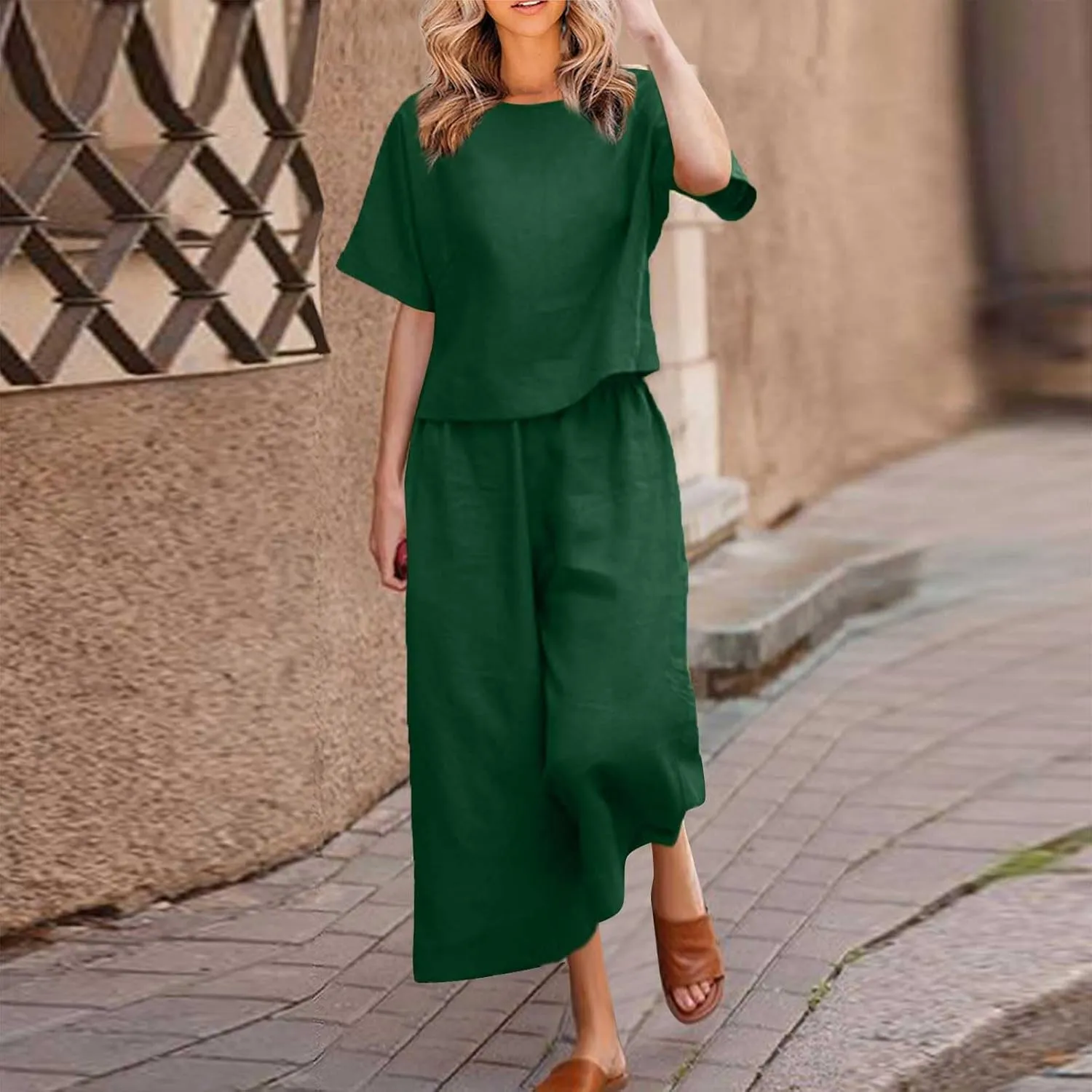 Summer Linen Two Piece Sets For Women Plus Size Beach Vacation Outfits 2024 Casual Tops Wide Leg Pants Lounge Set