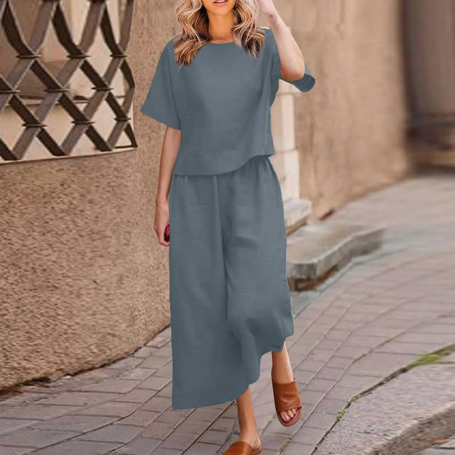 Summer Linen Two Piece Sets For Women Plus Size Beach Vacation Outfits 2024 Casual Tops Wide Leg Pants Lounge Set
