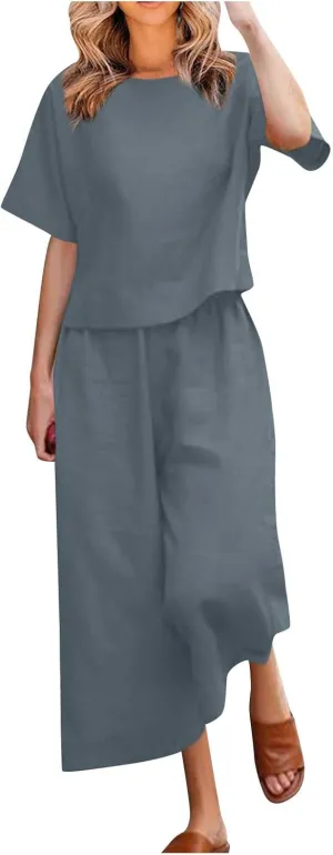 Summer Linen Two Piece Sets For Women Plus Size Beach Vacation Outfits 2024 Casual Tops Wide Leg Pants Lounge Set