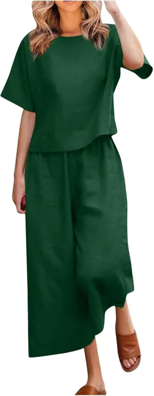 Summer Linen Two Piece Sets For Women Plus Size Beach Vacation Outfits 2024 Casual Tops Wide Leg Pants Lounge Set