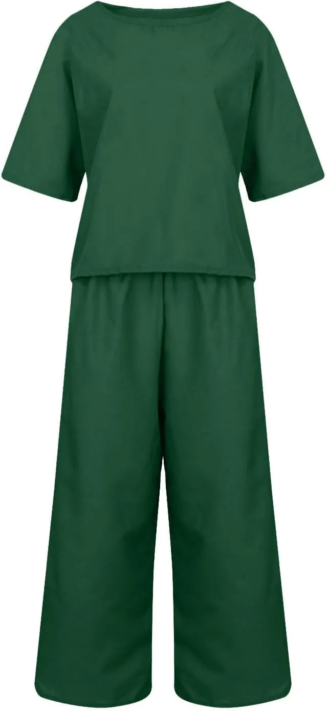 Summer Linen Two Piece Sets For Women Plus Size Beach Vacation Outfits 2024 Casual Tops Wide Leg Pants Lounge Set