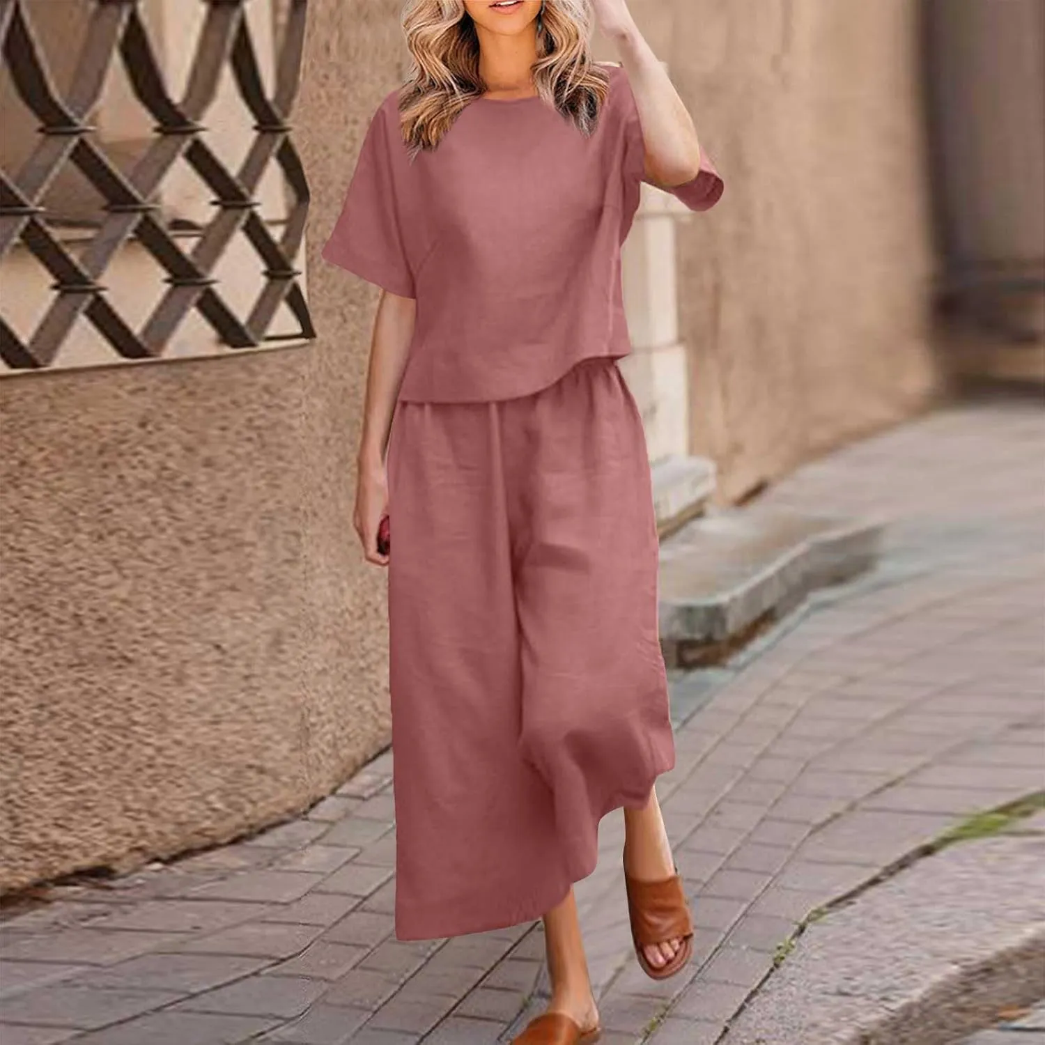 Summer Linen Two Piece Sets For Women Plus Size Beach Vacation Outfits 2024 Casual Tops Wide Leg Pants Lounge Set
