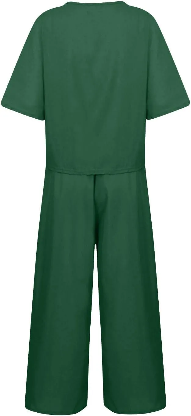 Summer Linen Two Piece Sets For Women Plus Size Beach Vacation Outfits 2024 Casual Tops Wide Leg Pants Lounge Set