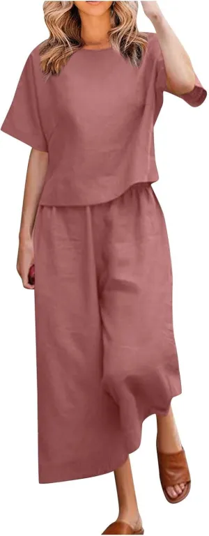 Summer Linen Two Piece Sets For Women Plus Size Beach Vacation Outfits 2024 Casual Tops Wide Leg Pants Lounge Set