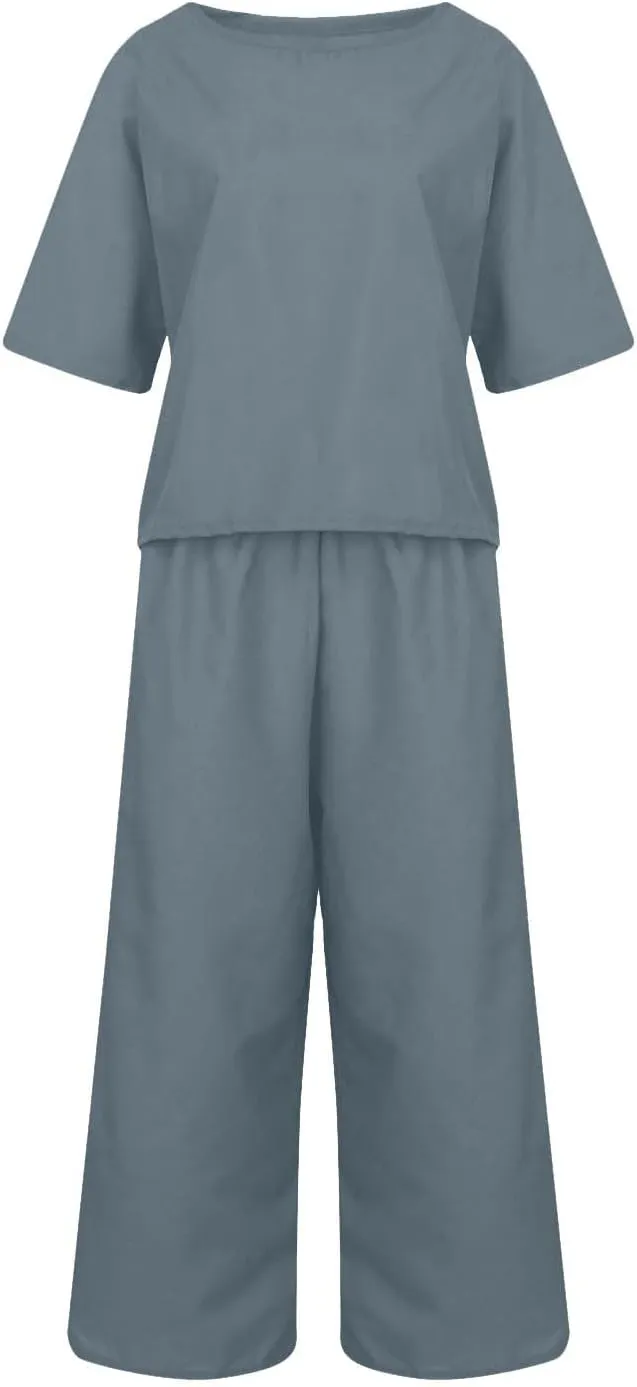 Summer Linen Two Piece Sets For Women Plus Size Beach Vacation Outfits 2024 Casual Tops Wide Leg Pants Lounge Set