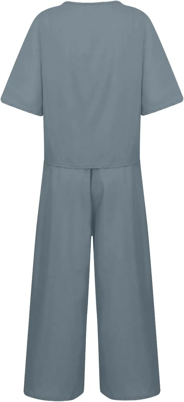 Summer Linen Two Piece Sets For Women Plus Size Beach Vacation Outfits 2024 Casual Tops Wide Leg Pants Lounge Set