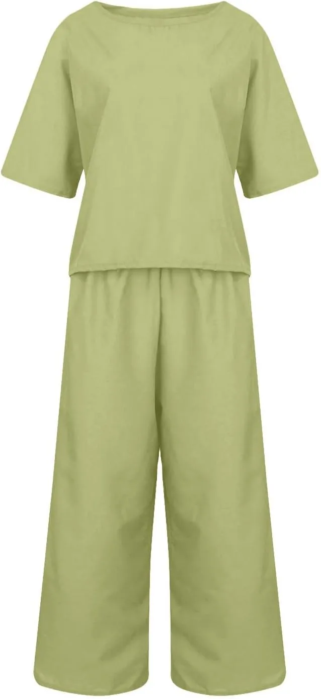 Summer Linen Two Piece Sets For Women Plus Size Beach Vacation Outfits 2024 Casual Tops Wide Leg Pants Lounge Set