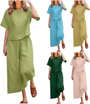 Summer Linen Two Piece Sets For Women Plus Size Beach Vacation Outfits 2024 Casual Tops Wide Leg Pants Lounge Set