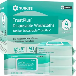 SUNKISS Trustplus Wet Wipes for Adult No Rinse, Extra Large 8”x12” Body Cleaning Washcloths for Elderly Incontinence & Cleansing, Unscented, 200 Count (4 Packs of 50)