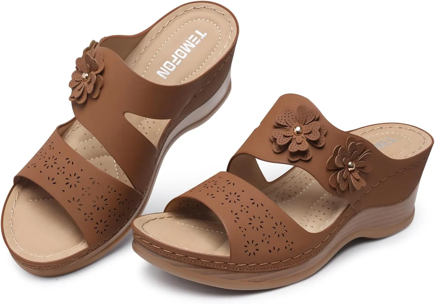 TEMOFON Wedge Sandals for Women Summer: Dressy Low Heel Sandals Black/Navy/White, Comfortable Walking, Arch support, Casual Slip on Summer Shoes, Size 5-11