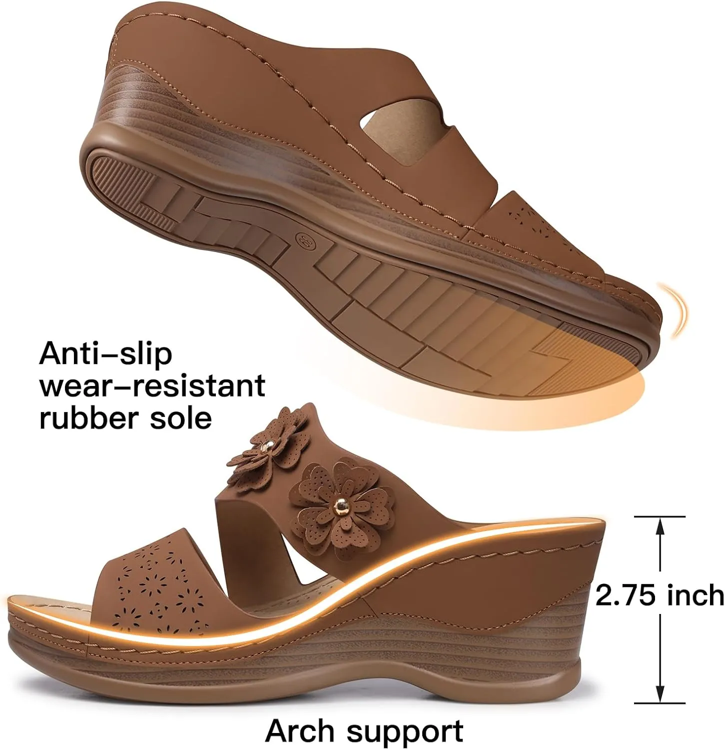 TEMOFON Wedge Sandals for Women Summer: Dressy Low Heel Sandals Black/Navy/White, Comfortable Walking, Arch support, Casual Slip on Summer Shoes, Size 5-11