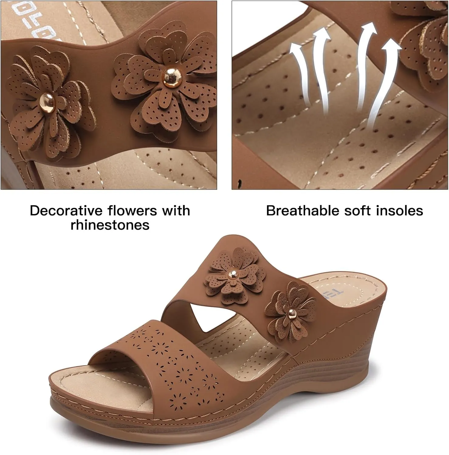 TEMOFON Wedge Sandals for Women Summer: Dressy Low Heel Sandals Black/Navy/White, Comfortable Walking, Arch support, Casual Slip on Summer Shoes, Size 5-11
