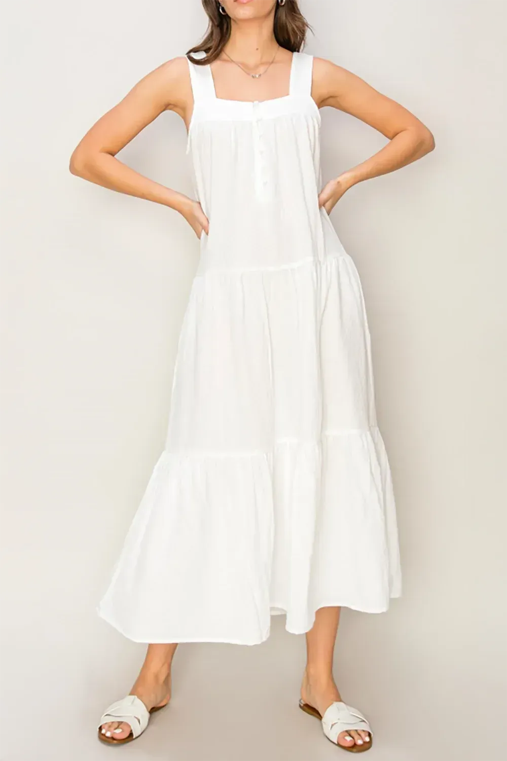 Tiered Sleeveless Front Button Side Pocket Woven Maxi Dress